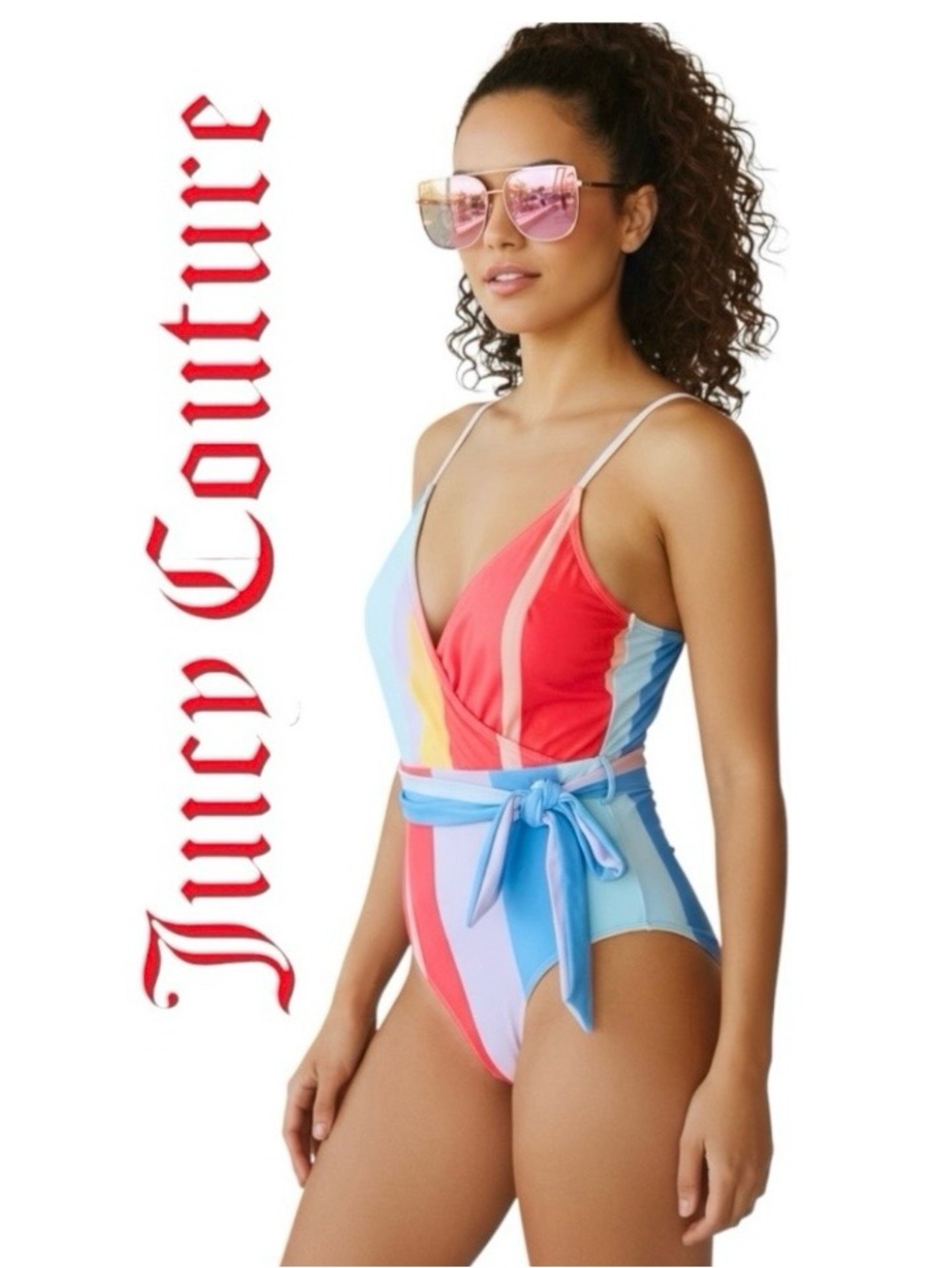 Juicy Couture One Piece Swimming Coral Twist Belted Keyhole Front Sz XL NEW